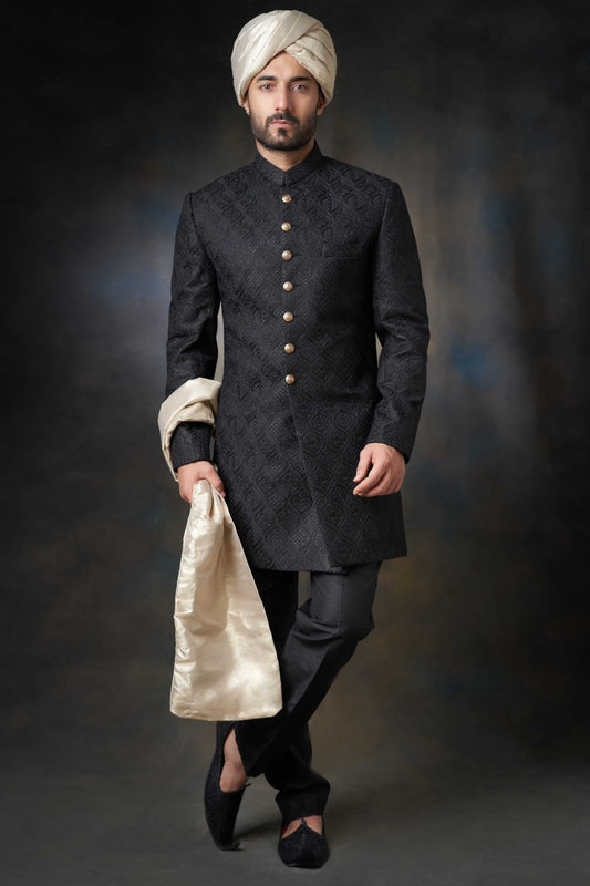 Jet Black Persian Gardens Short Length Sherwani, Regal Wedding Wear.