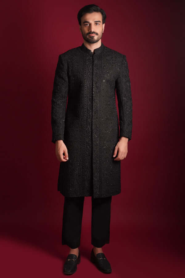 Jet Black Persian Zardozi Artwork Sherwani – Luxurious Sherwani with Handcrafted Persian Zardozi Embroidery