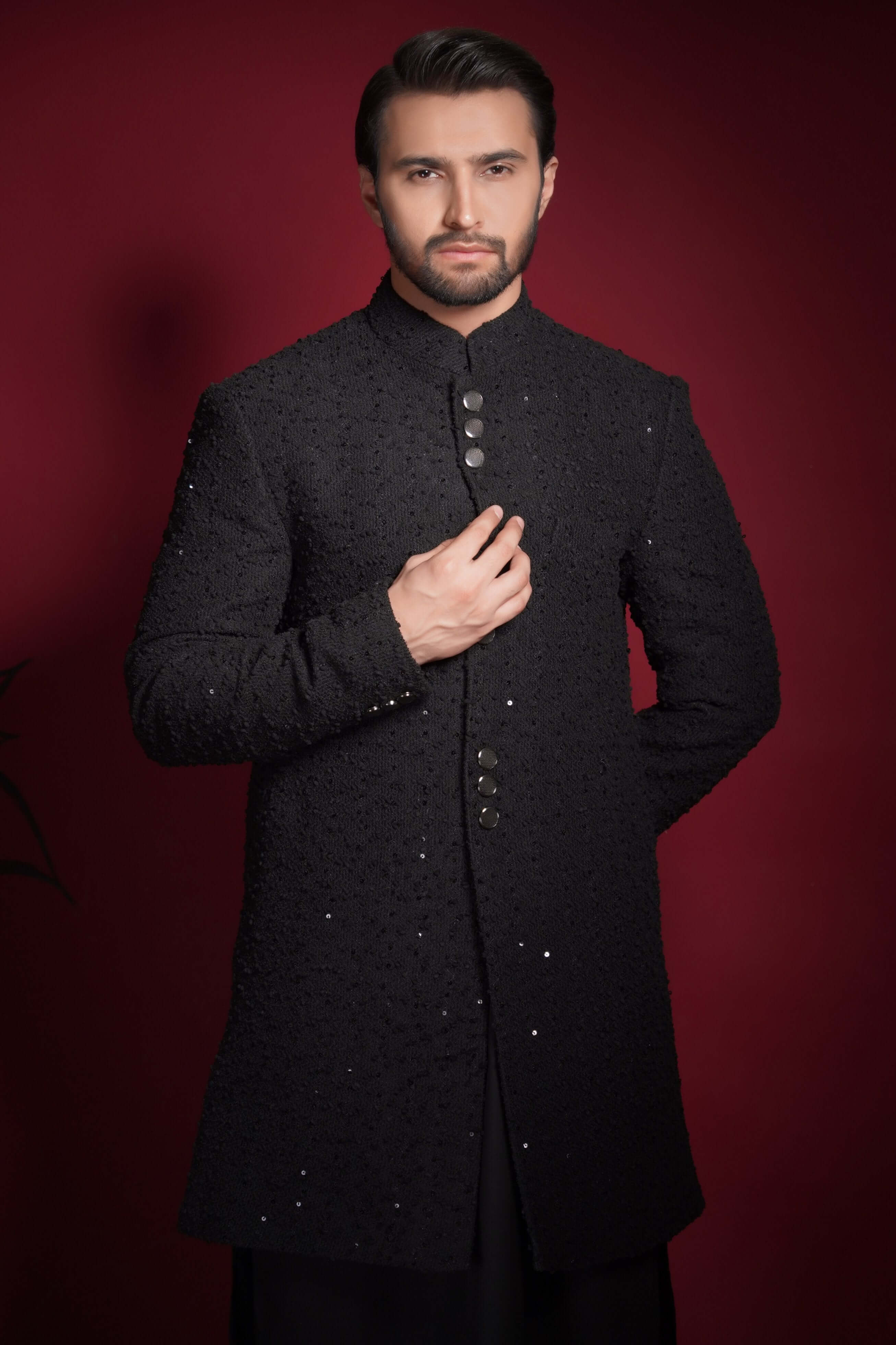 Jet Black Sequined Sherwani for Men – Elegant Formal Attire with Subtle Sparkle