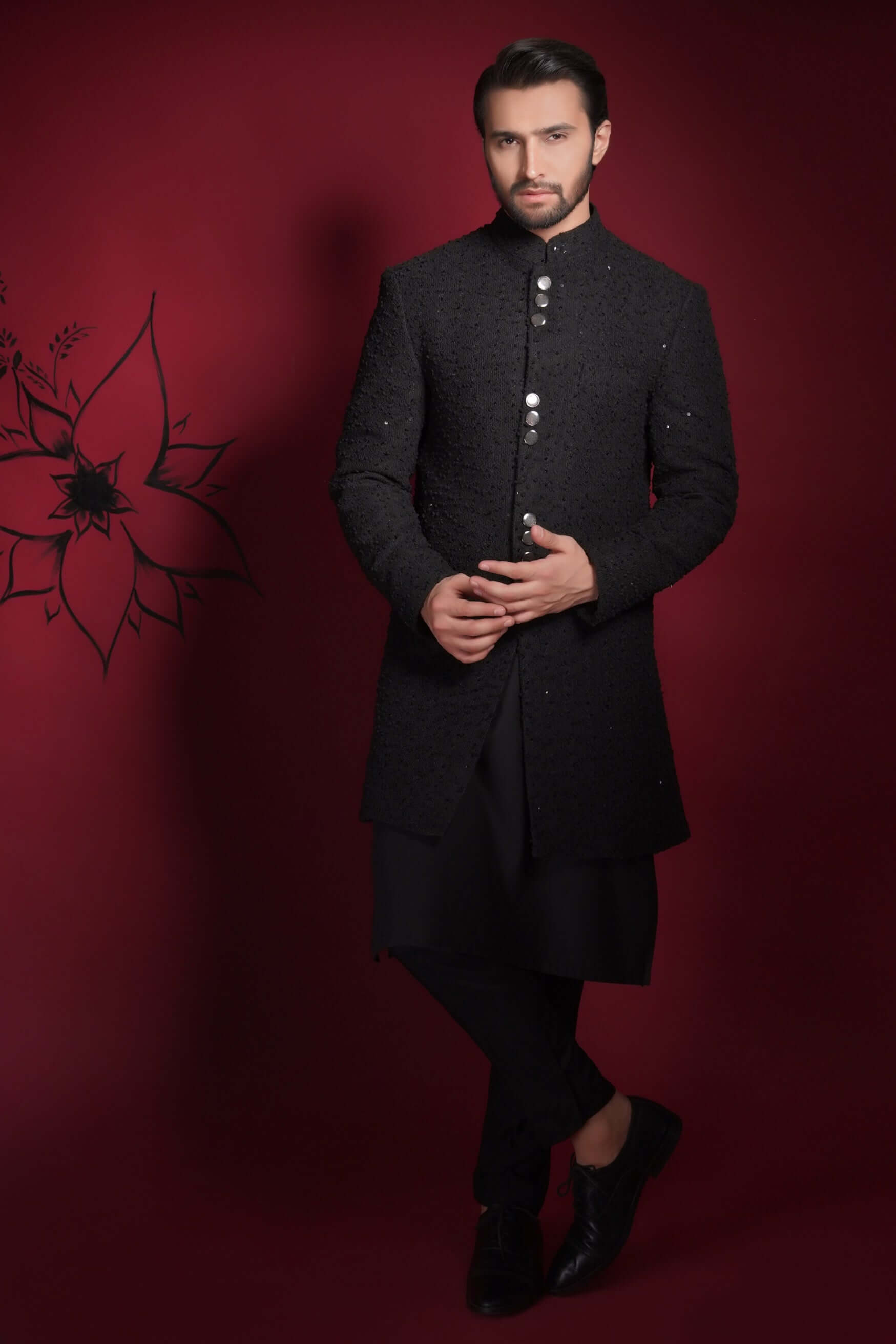 Jet Black Sequined Sherwani for Men – Elegant Formal Attire with Subtle Sparkle