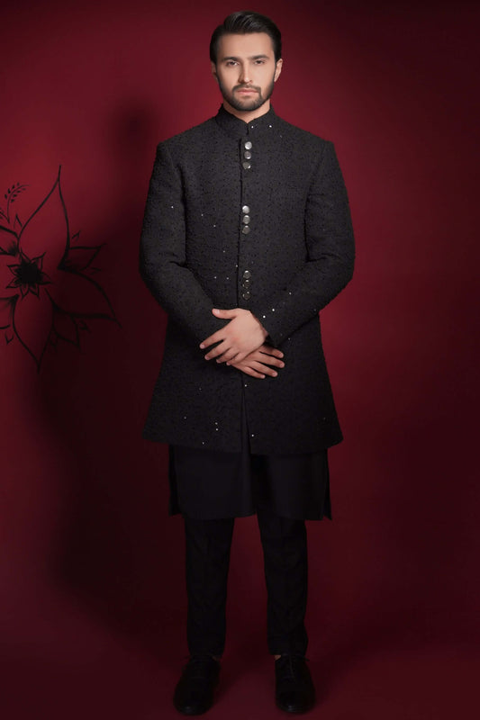 Jet Black Sequined Sherwani for Men – Elegant Formal Attire with Subtle Sparkle