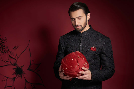 Luxe Jet Black Persian Painting Sherwani – Elegant Sherwani with Exquisite Persian Art-Inspired Detailing