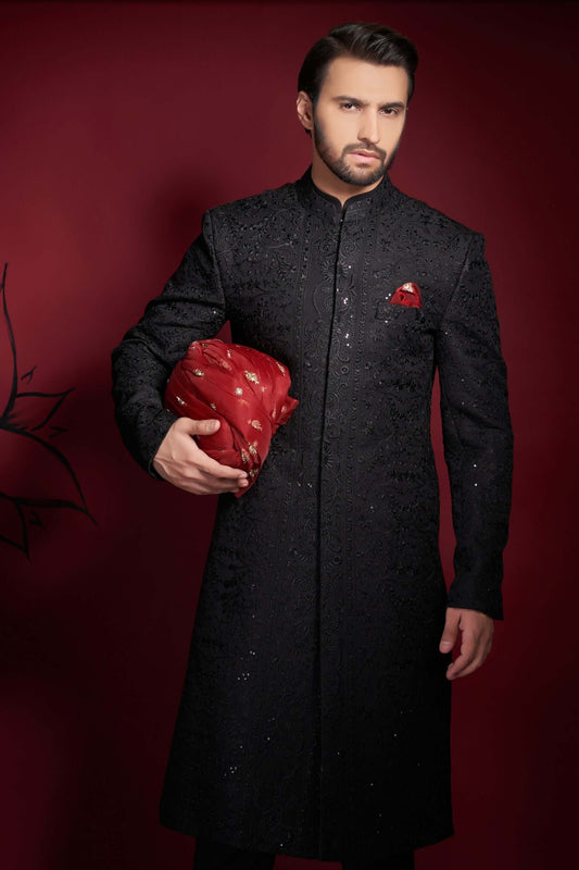 Luxe Jet Black Persian Painting Sherwani – Elegant Sherwani with Exquisite Persian Art-Inspired Detailing