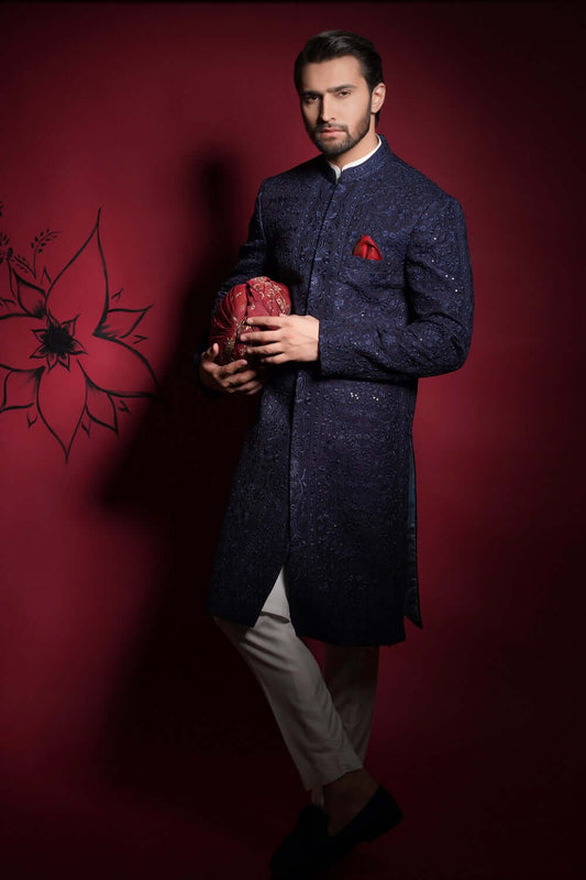 Midnight Blue Persian Painting Sherwani – Exquisite Sherwani Inspired by Traditional Persian Art