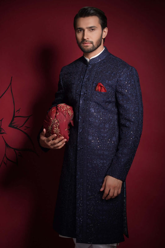 Midnight Blue Persian Painting Sherwani – Exquisite Sherwani Inspired by Traditional Persian Art