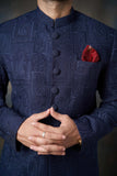 Midnight Blue Silk Sherwani with Fabric Buttons, Elegant Wedding Attire.
