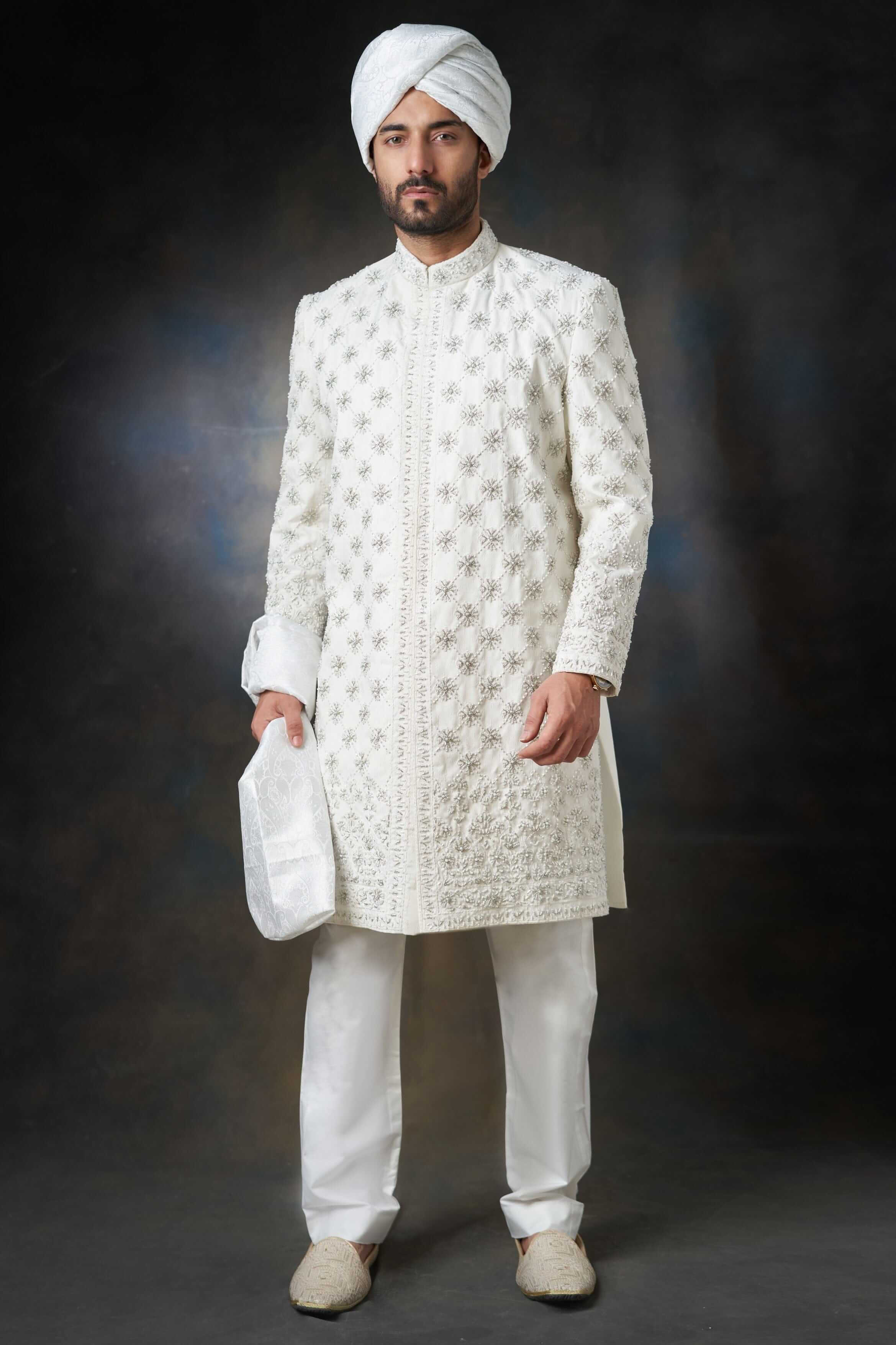 Off-White Embroidered Jaal Sherwani, Elegant Wedding Attire.