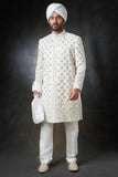 Off-White Embroidered Jaal Sherwani, Elegant Wedding Attire.