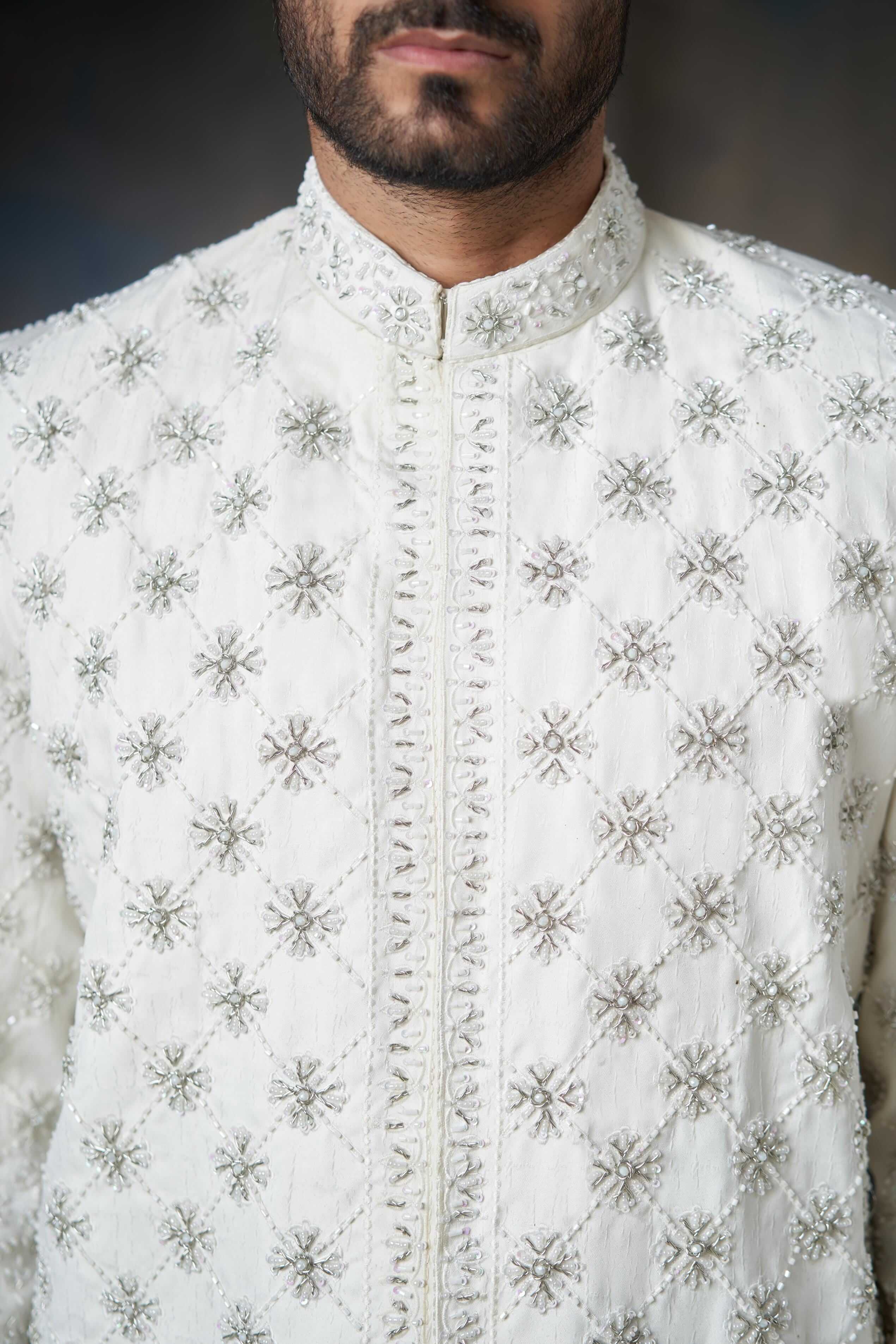Off-White Embroidered Jaal Sherwani, Elegant Wedding Attire.