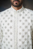 Off-White Embroidered Jaal Sherwani, Elegant Wedding Attire.