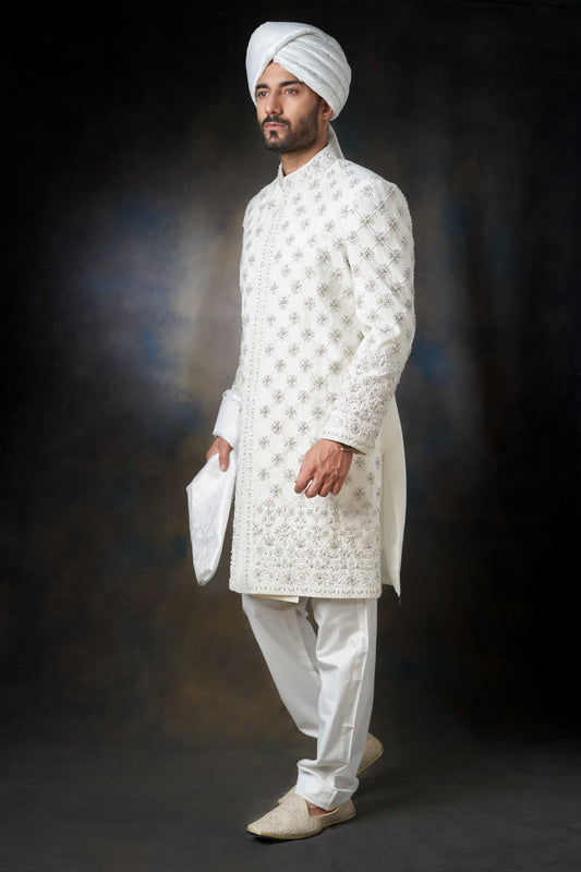 Off-White Embroidered Jaal Sherwani, Elegant Wedding Attire.