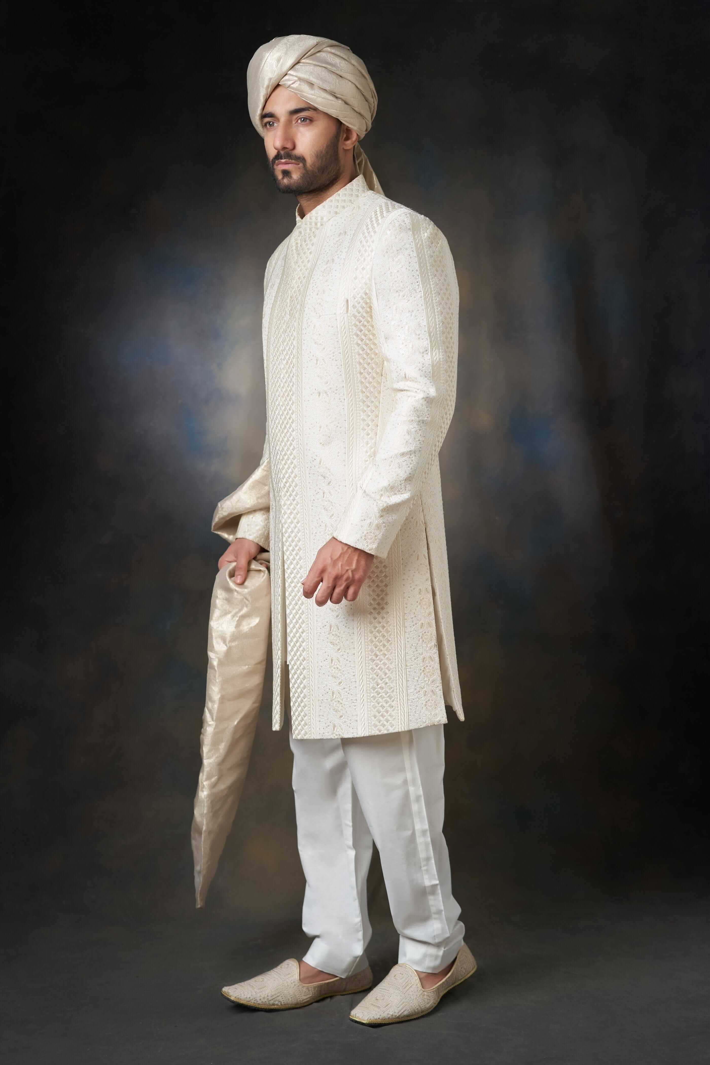 Pearl White Classic Sherwani with Sequins, Elegant Design for Weddings and Special Occasions.