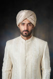 Pearl White Classic Sherwani with Sequins, Elegant Design for Weddings and Special Occasions.