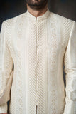 Pearl White Classic Sherwani with Sequins, Elegant Design for Weddings and Special Occasions.