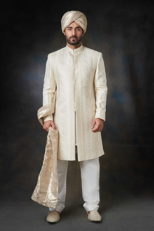 Pearl White Classic Sherwani with Sequins, Elegant Design for Weddings and Special Occasions.