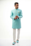 Sky Blue Rawsilk Sherwani with Resham and Gold Tilla Embroidery, Ideal for Weddings and Festive Occasions.