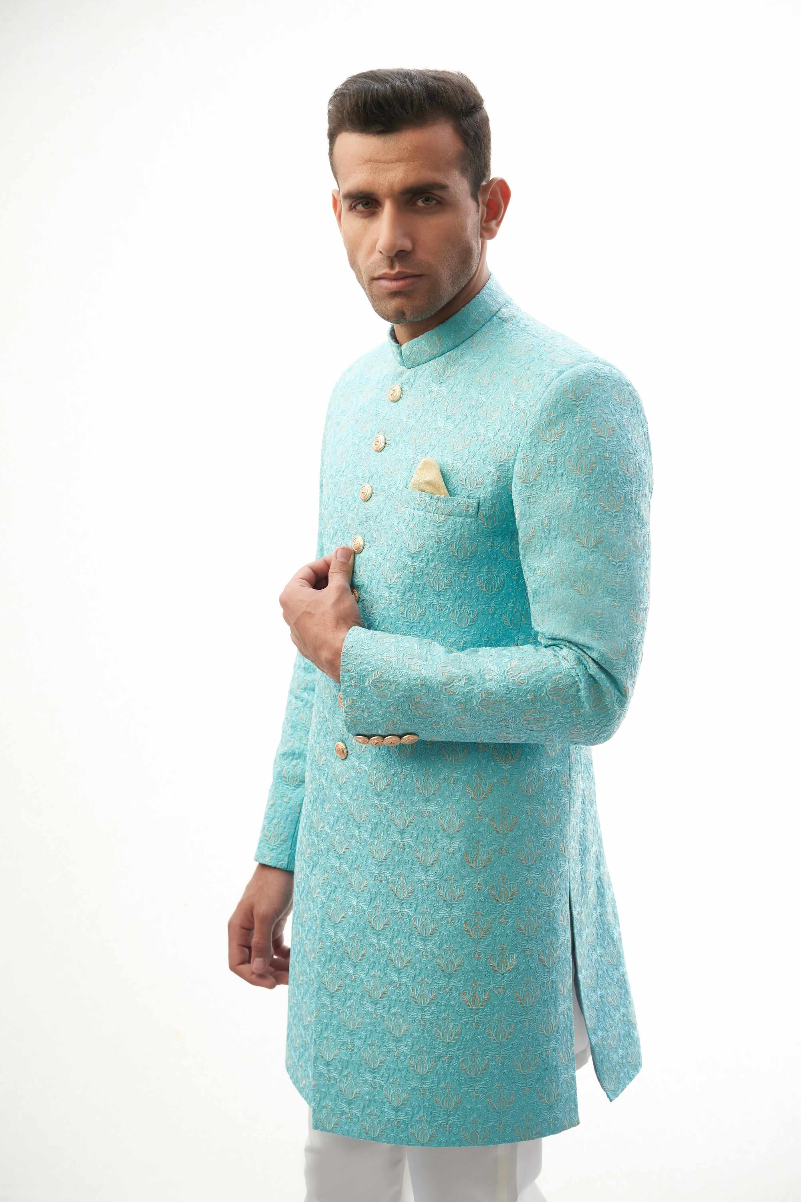 Sky Blue Rawsilk Sherwani with Resham and Gold Tilla Embroidery, Ideal for Weddings and Festive Occasions.