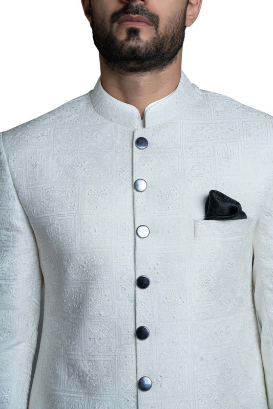 Turkish-Inspired White Embroidered Sherwani – Exquisite Turkish embroidery for a regal, sophisticated look.