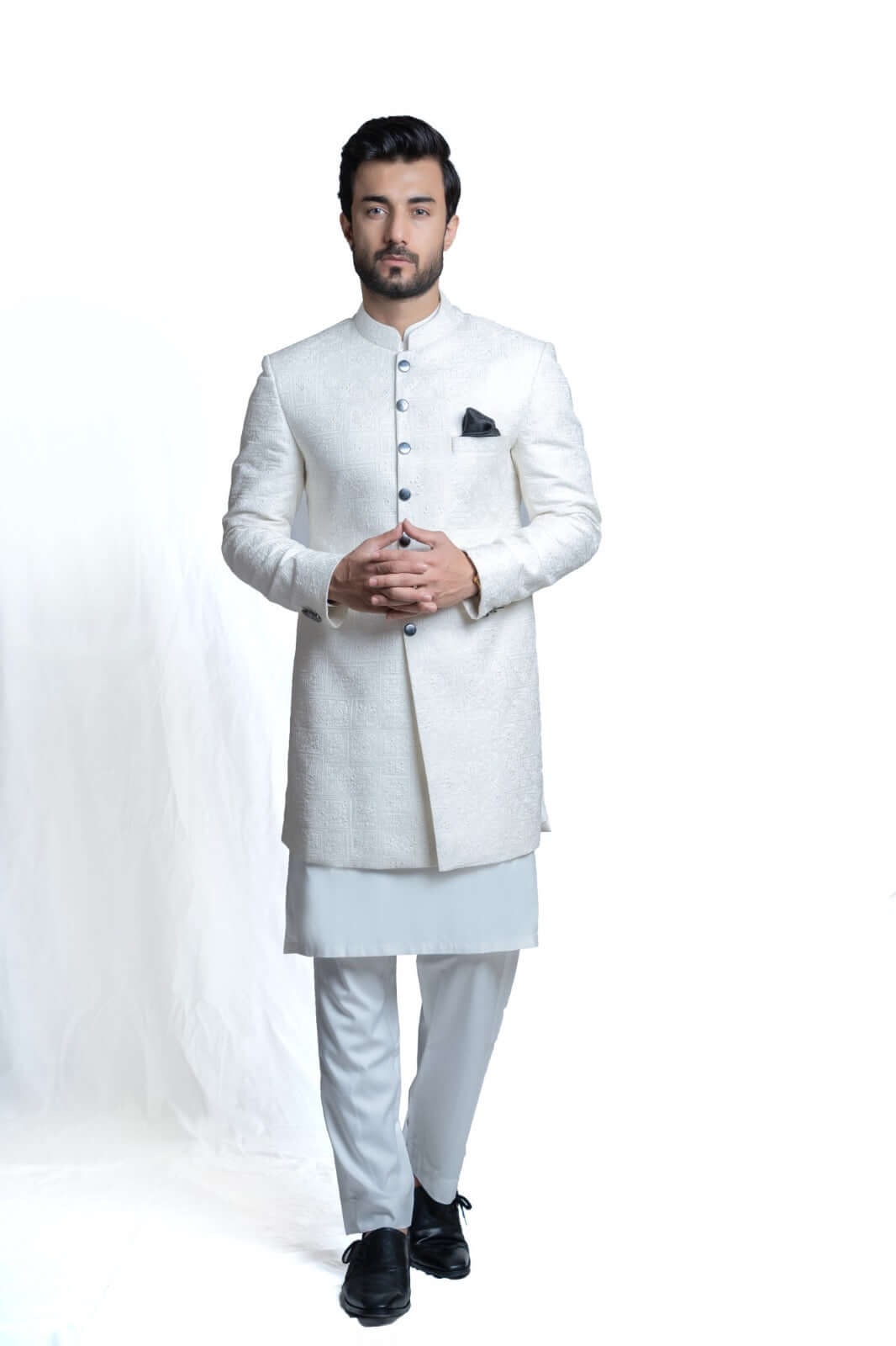 Turkish-Inspired White Embroidered Sherwani – Exquisite Turkish embroidery for a regal, sophisticated look.