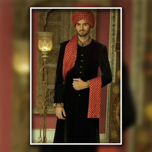 Black Velveteen Sherwani with Embroidered Detailing - Ceremonial - 21