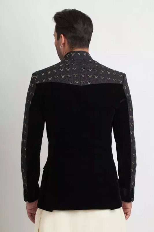 Jet Black Textured Silk Prince Coat  AI-JKT-00010