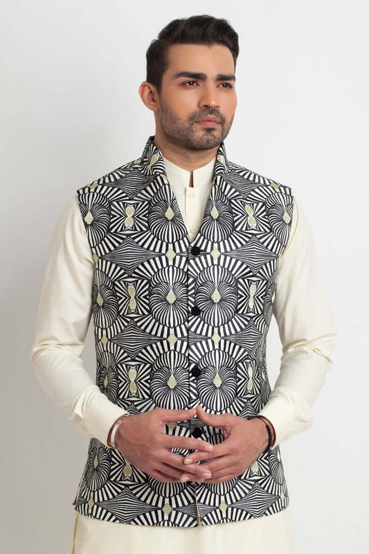 White Optical Art Embroidered Prince Coat with Black & Gold Accents AI-WCOAT-00077