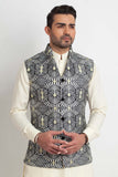 White Optical Art Embroidered Prince Coat with Black & Gold Accents AI-WCOAT-00077