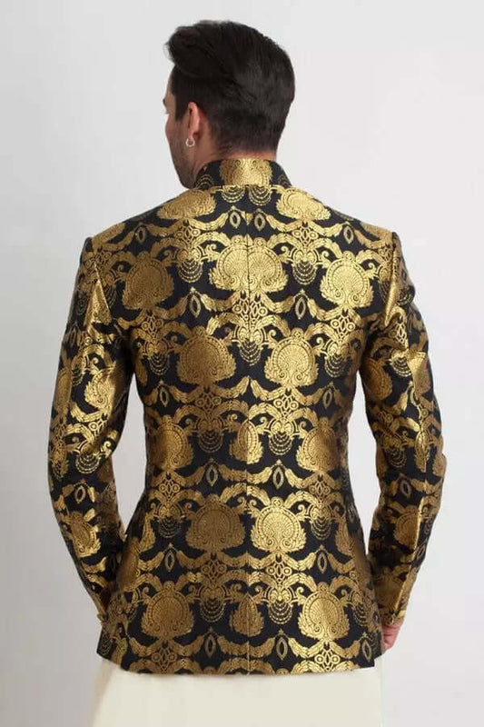 Black & Bright Gold Pure Silk Jamavar Prince Coat AI-JKT-00004