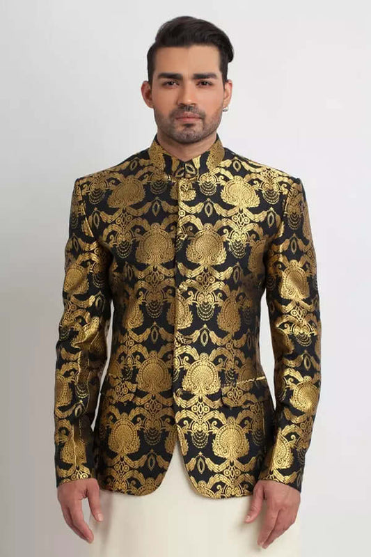 Black & Bright Gold Pure Silk Jamavar Prince Coat AI-JKT-00004