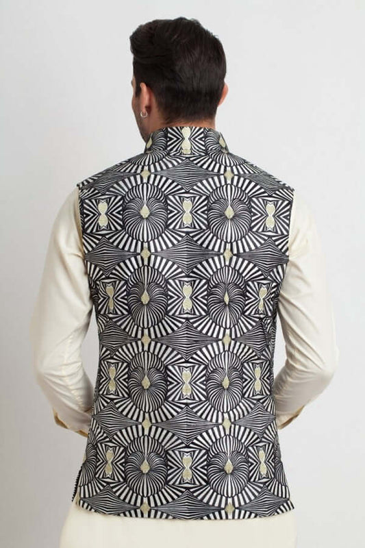 White Optical Art Embroidered Prince Coat with Black & Gold Accents AI-WCOAT-00077