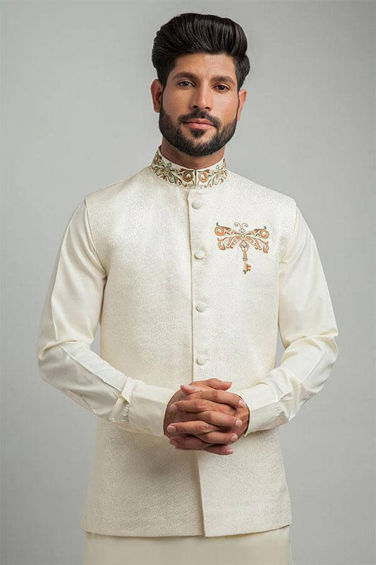 Ivory Brocade Embroidered Waistcoat For Men