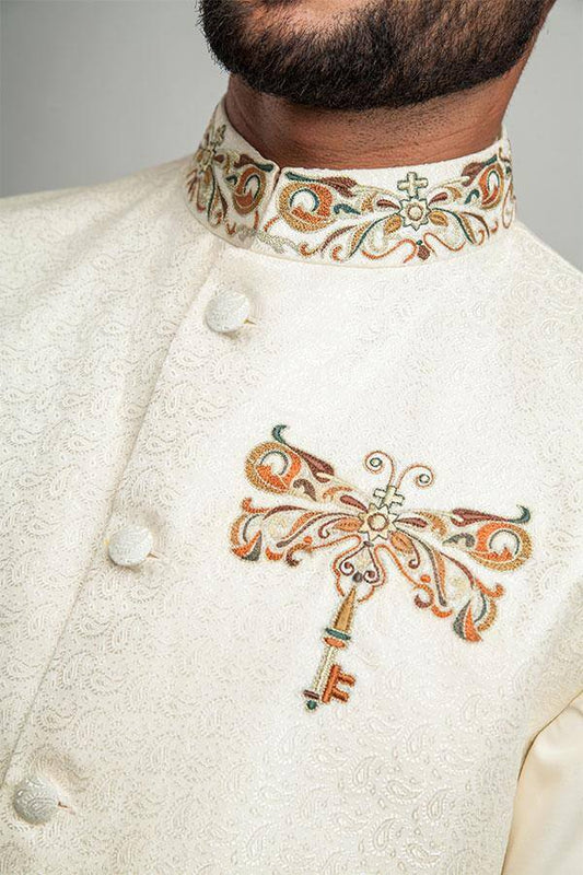 Ivory Brocade Embroidered Waistcoat For Men