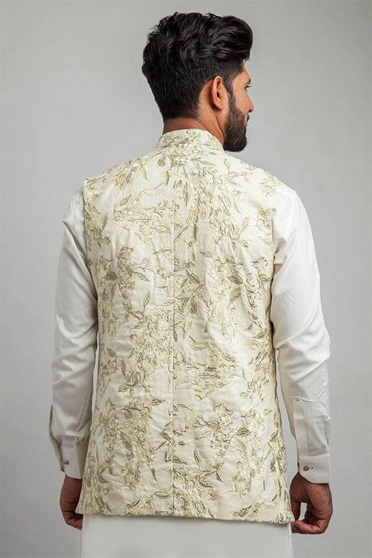 Ivory & Light Gold Floral Embroidered Waistcoat For Men