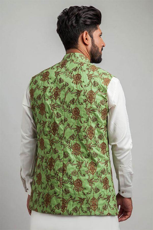 Forest Green Embroidered Waistcoat For Men
