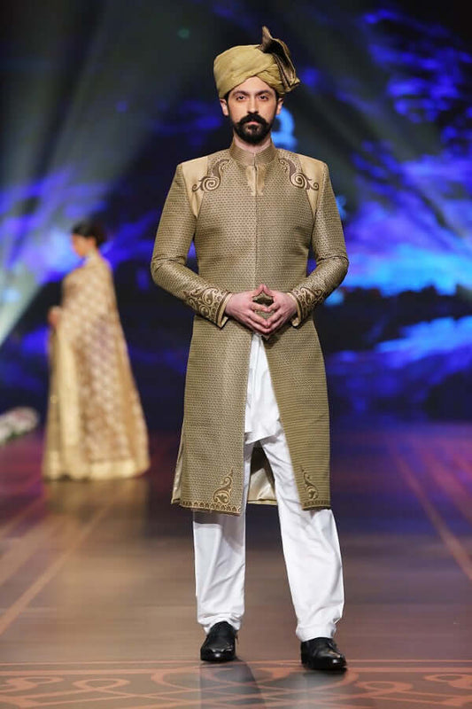 Gold & Copper Handwoven Sherwani with Brown & Black Detailing BCW - 008