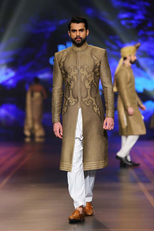 Gold & Fawn Handwoven Silk Sherwani – Brown Accents Edition BCW - 009