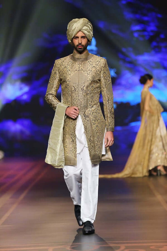 Gold Silk-Wool Handwoven Sherwani with Brown & Black Accents BCW - 010