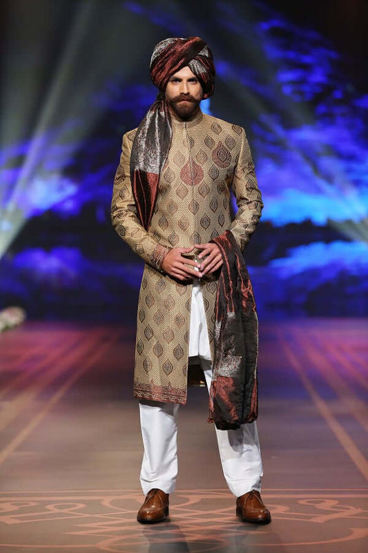 Gold & Copper Handwoven Sherwani with Maroon & Brown Accents BCW - 011
