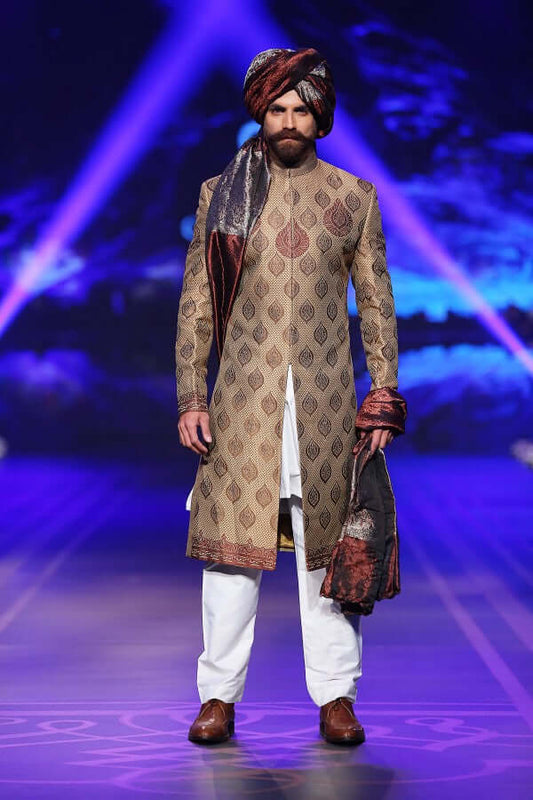 Gold & Copper Handwoven Sherwani with Maroon & Brown Accents BCW - 011