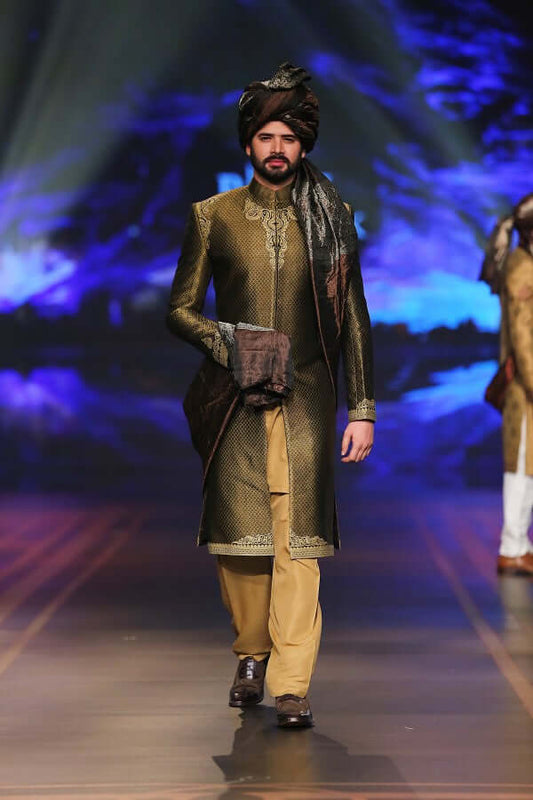 Gold & Copper Handwoven Sherwani with Fawn Detailing BCW - 012
