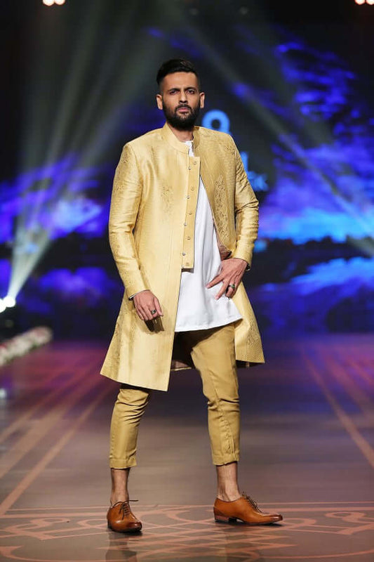 Full Gold Handwoven Silk Sherwani – Minimalist Luxury BCW - 016