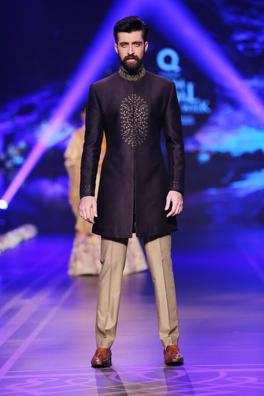 Royal Purple & Gold Handwoven Silk-Wool Short Sherwani BCW - 020