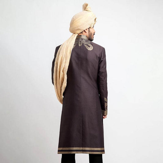 Antique Dull Gold and Charcoal Brocade Sherwani with intricate embroidery