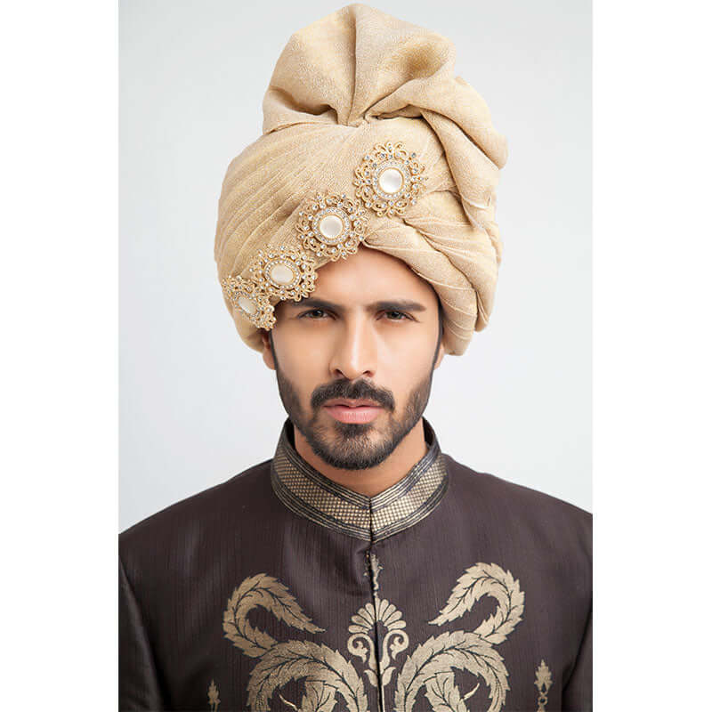 Antique Dull Gold and Charcoal Brocade Sherwani with intricate embroidery