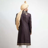 Antique Dull Gold and Charcoal Brocade Sherwani with intricate embroidery