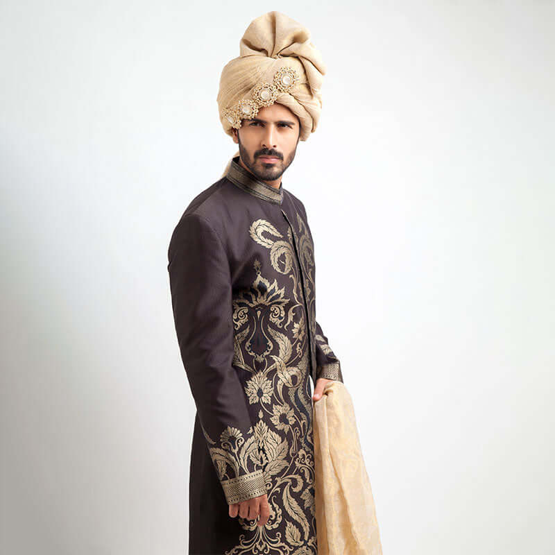 Antique Dull Gold and Charcoal Brocade Sherwani with intricate embroidery