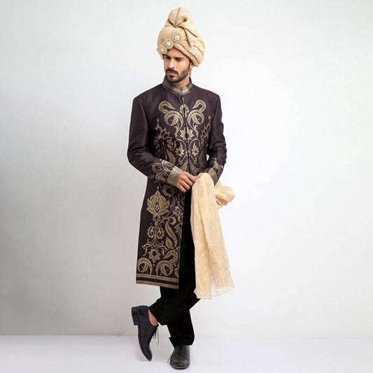 Antique Dull Gold and Charcoal Brocade Sherwani with intricate embroidery