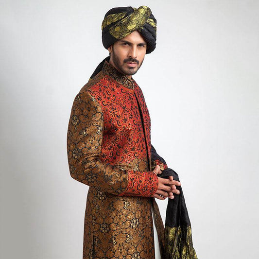 Antique Gold and Black Pure Brocade Jamavar Form Fitted Sherwani, luxurious design with intricate detailing