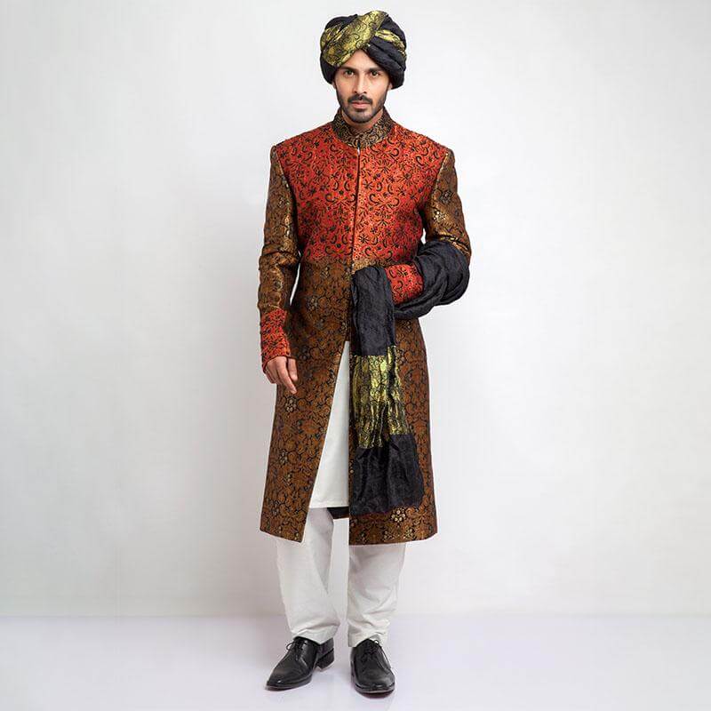 Antique Gold and Black Pure Brocade Jamavar Form Fitted Sherwani, luxurious design with intricate detailing