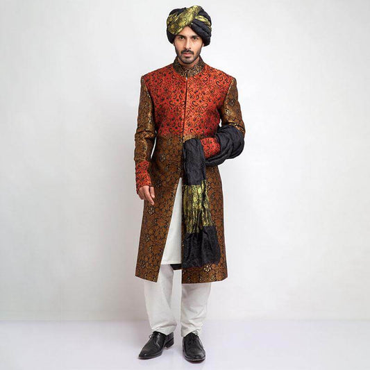 Antique Gold and Black Pure Brocade Jamavar Form Fitted Sherwani, luxurious design with intricate detailing